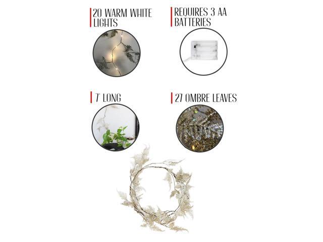 Elegani 20 LED Gold Iridescent Glitter Fern Fairy Lights 7' Twinkle Garland with Warm White LEDs