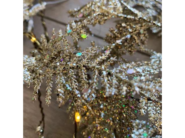 Elegani 20 LED Gold Iridescent Glitter Fern Fairy Lights 7' Twinkle Garland with Warm White LEDs