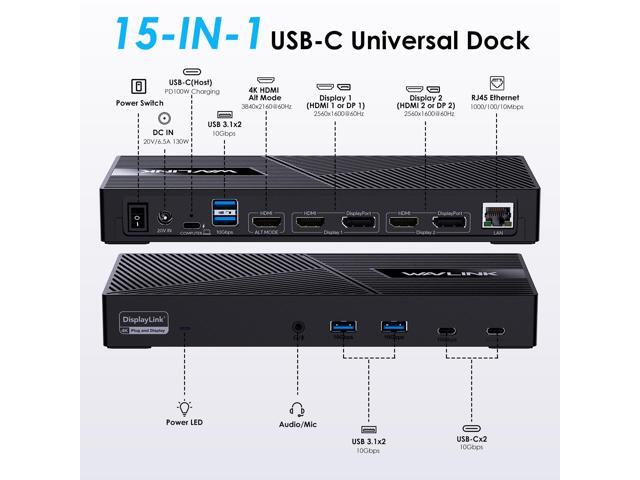 Wavlink USB C Triple Monitor Docking station With 100W Laptop Charging, 3X HDMI, 2X DisplayPort, 6X 10Gbps USB Ports, Gigabit Ethernet, Audio & Mic...
