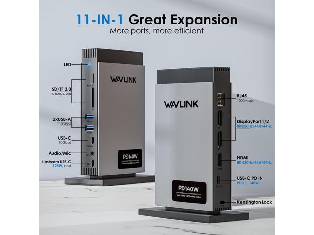 WAVLINK USB C Docking Station PD3.1 Triple Display with 140W Power, 8K Displayport*2 + 8K HDMI, RJ45, 10G USB-C, 2 USB 3.0, SD/TF Slot, Audio/Mic,...