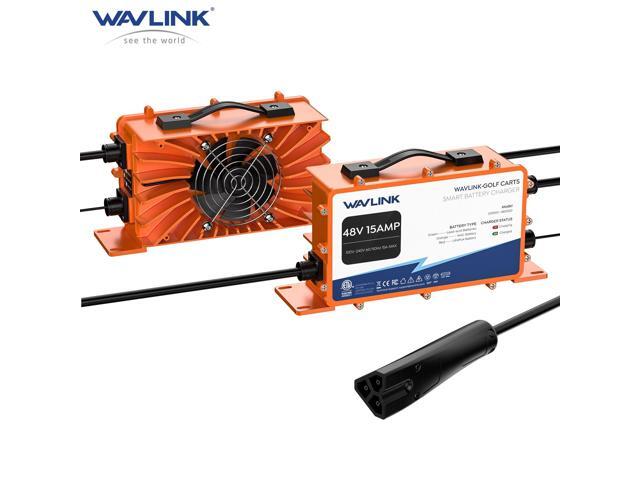 WAVLINK Golf Cart Charger, 48V 15A Max, 810W Output, IP67 Waterproof, LiFePO4/NMC/Lead-Acid Compatible (3-Pin Triangular Plug for RXV/TXT)