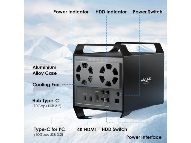 WAVLINK 4-Bay Hard Drive Enclosure for 3.5' and 2.5'' SATA HDD/SSD Featuring 10Gbps USB-C 3.2, Max 88TB Capacity, Built-in Temp-Controlled Cooling...