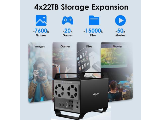 WAVLINK 4-Bay Hard Drive Enclosure for 3.5' and 2.5'' SATA HDD/SSD Featuring 10Gbps USB-C 3.2, Max 88TB Capacity, Built-in Temp-Controlled Cooling...