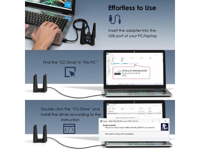 WAVLINK WiFi 6E AX5400 Triple-Band USB 3.0 Wireless Adapter (2.4G/5G/6G, 573+2402+2402 Mbps) with Built-in Driver, WPA3, MU-MIMO, OFDMA, 4x3dBi...