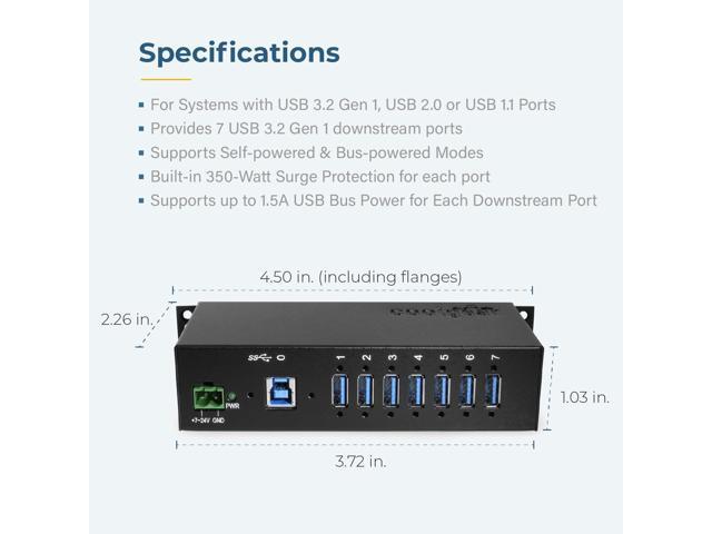 Coolgear Industrial 7-Port USB 3.2 Hub with Screw-Locking Ports, 5Gbps Speeds, and Surge Protection