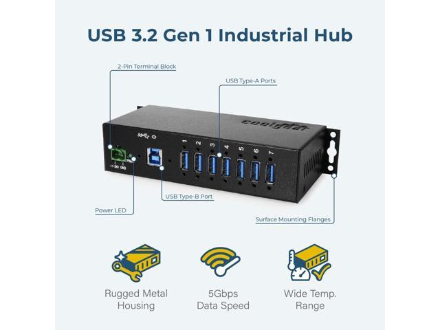 Coolgear Industrial 7-Port USB 3.2 Hub with Screw-Locking Ports, 5Gbps Speeds, and Surge Protection