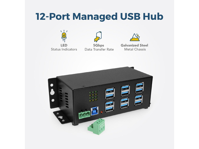 Coolgear Industrial 12-Port USB 3.2 Gen 1 Hub with Status LEDs Rugged Metal Chassis 5Gbps Data Wall & DIN-rail Mounting