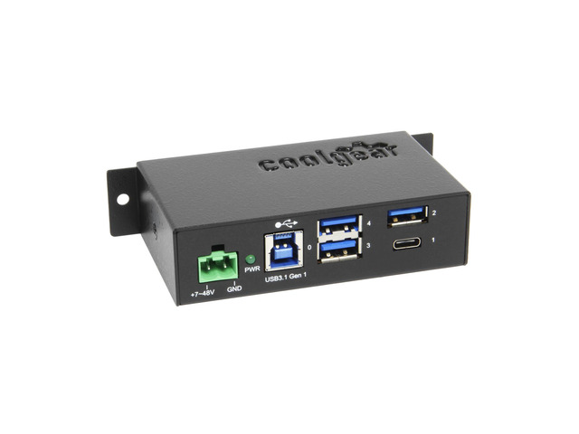 Coolgear 4-Port USB A and USB C 3.1 Gen 1 Hub, SuperSpeed 5 Gb/s, Industrial Metal Enclosure, ESD Protection, Wall and Din Mountable