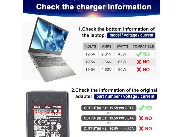 19.5V 2.31A 45W New AC Adapter Charger Power Cord for Dell Latitude 12 13 14 7350 7202 3379,XPS 11 12 13 15 9350 9360 9333 L321X L322X,17 7778 7779...