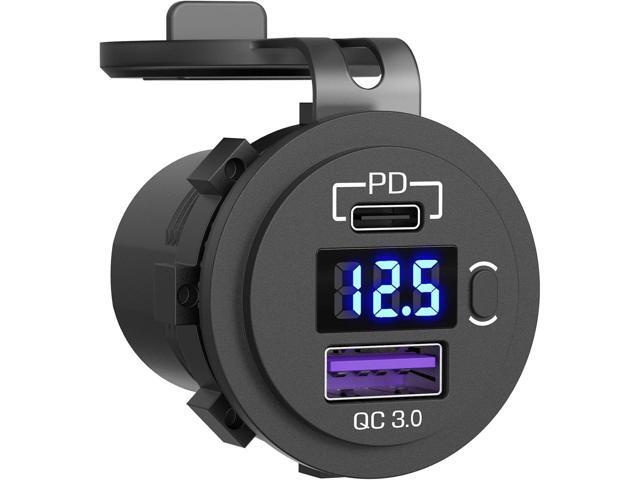 USB C Car Charger Socket, Qidoe 12V/24V Dual USB Outlet PD3.0 & QC3.0 Car USB Port with LED Voltmeter and ON/Off Switch DIY Car Socket for Car Boat...