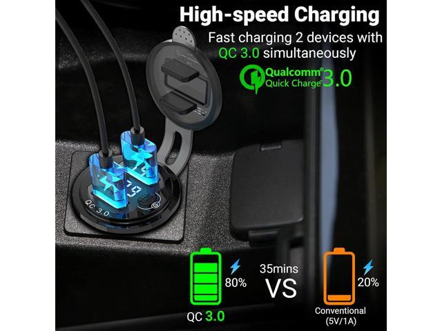 12V USB Outlet 2 Pack, Dual Quick Charge 3.0 12V Socket USB Charger with LED Voltmeter and Power Switch, Waterproof Aluminum Car Charger Adapter...