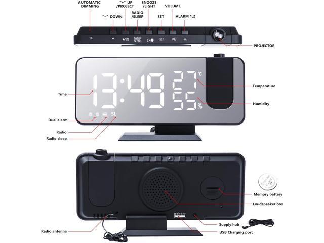 Projection Alarm Clock for Bedroom Ceiling Digital Radio with USB Charger Ports, 7.3' Large LED Screen, 4 Dimmer, Dual Alarm Clock with 2 Sounds,...