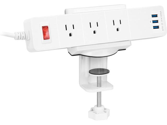 Mount-It! Power Strip Holder Clamp Desk Mount with Included Surge Protector White Desktop Power Outlet with 3 USB Ports and 3 AC Power Outlets ...