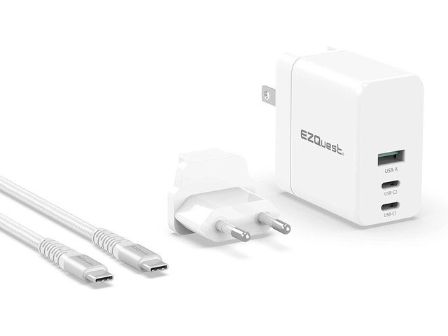 EZQuest 90W USB C Charger - 2X USB-C, 1X USB-A Port, with 2 Meter Cable - Fast Charging Block PD - GAN Charger Wall - EU Converter Compatible for...