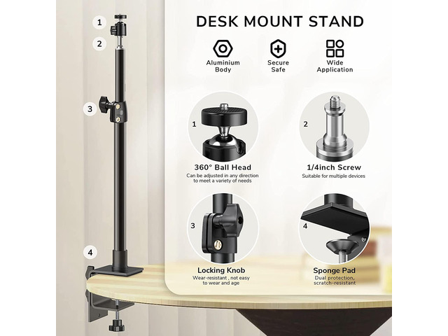 DSLR Camera Desk Mount Stand, Camera Desk Mount Light Stand with Ball Head, Adjustable 12.9-22 Inches Aluminum Alloy Desk Clamp for Video Light,...