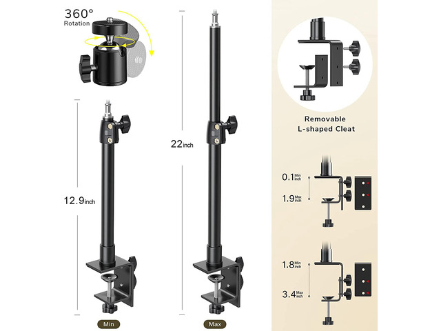 DSLR Camera Desk Mount Stand, Camera Desk Mount Light Stand with Ball Head, Adjustable 12.9-22 Inches Aluminum Alloy Desk Clamp for Video Light,...