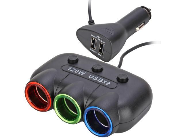 120W 2 Dual 12V USB Port Car Cigarette Lighter 3 Socket Power Charger Adapter