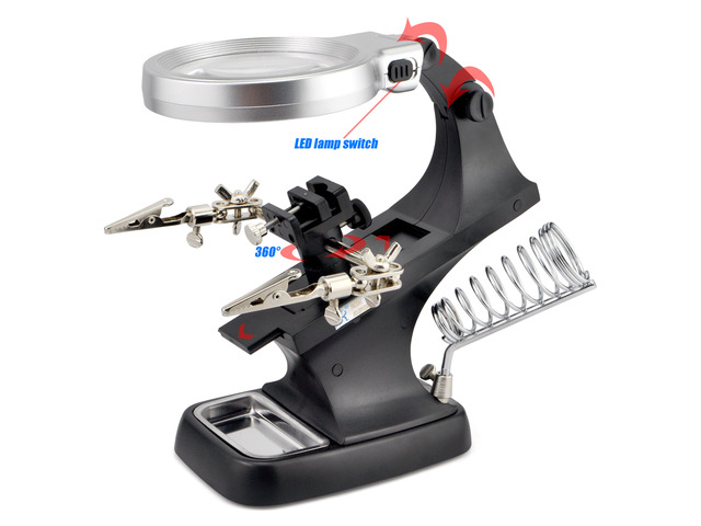 iKKEGOL 10 LED Lighting 3X Main Lens 4.5X Accessorial Lens Auxiliary Alligator Clip Magnifier Third Hand Soldering Solder Iron Stand(Black)