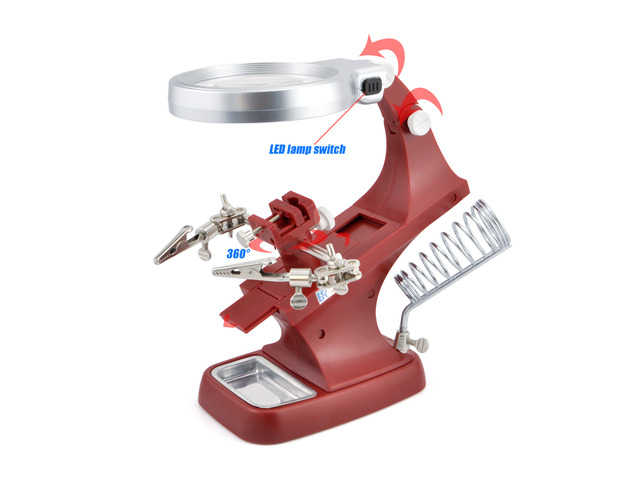 iKKEGOL 10 LED Lighting 3X Main Lens 4.5X Accessorial Lens White Auxiliary Alligator Clip Magnifier Third Hand Soldering Solder Iron Stand (Red)