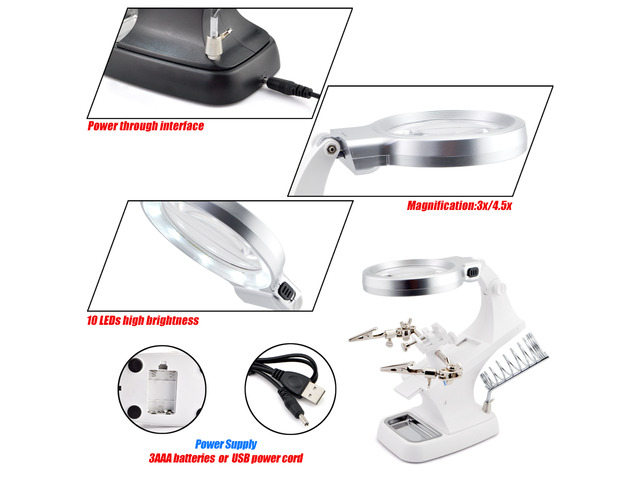 iKKEGOL 10 LED Lighting 3X Main Lens 4.5X Accessorial Lens White Auxiliary Alligator Clip Magnifier Third Hand Soldering Solder Iron Stand (White)