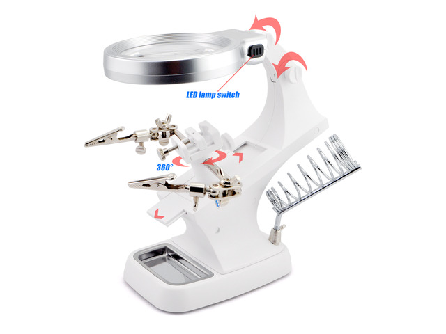 iKKEGOL 10 LED Lighting 3X Main Lens 4.5X Accessorial Lens White Auxiliary Alligator Clip Magnifier Third Hand Soldering Solder Iron Stand (White)