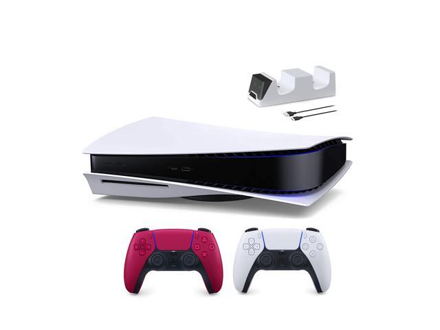 PlayStation 5 Disc Edition with Two Controllers White and Cosmic Red DualSense and Mytrix Dual Controller Charger