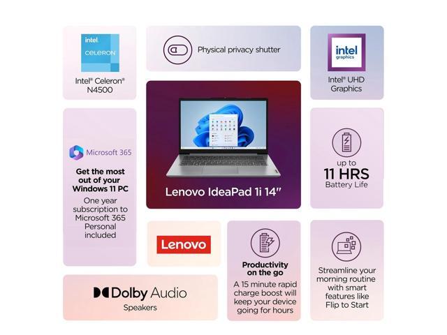 Lenovo IdeaPad 1 1i 14' Laptop with 1-year Microsoft 365, Intel Processor, 12GB RAM, 128GB eMMC + 512GB SSD, SD Card Reader, Privacy Camera, 11 hrs...