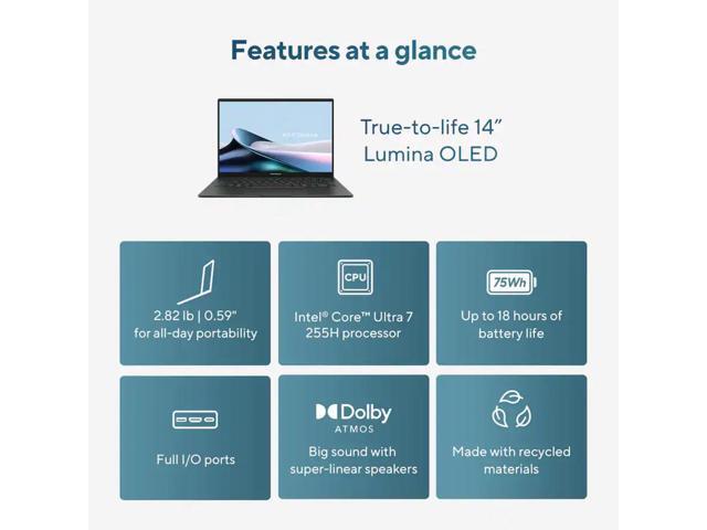 ASUS Zenbook 14 Wuxga OLED Touchscreen Laptop, Intel 16-Core Ultra 7 255H Processor, Intel Arc GPU, 16GB LPDDR5 RAM 2TB SSD, Backlit, Thunderbolt...