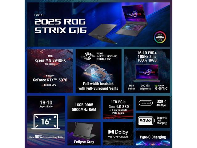ASUS ROG Strix G16 Gaming Laptop, 16 FHD+ 165Hz/3ms, AMD Ryzen 9 8940HX, GeForce RTX 5070 8GB GDDR7, 16GB DDR5-5600, 1TB PCIe Gen 4 SSD, Wi-Fi 6E,...