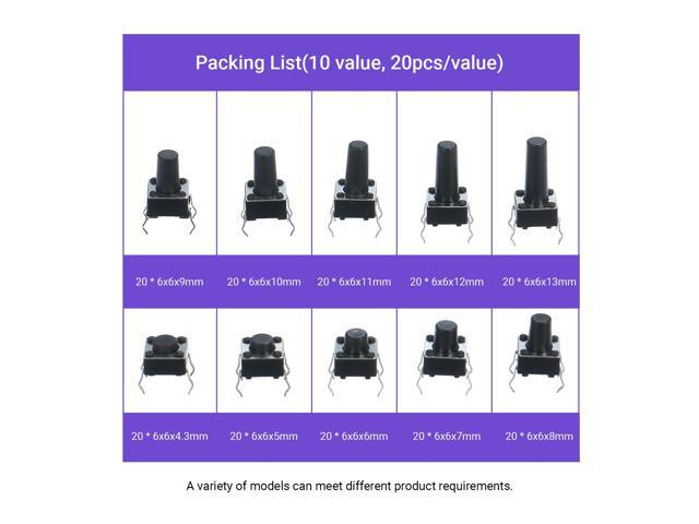 200Pcs 10 Value Tactile Push Button Switch Micro Momentary Tact Assortment Kit