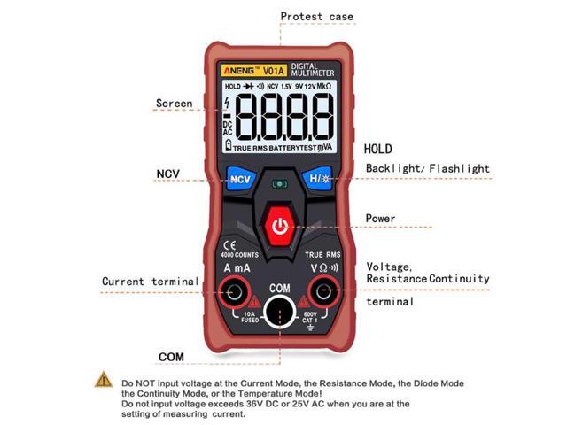 ANENG V01A Digital Multimeter Automatic True-RMS intelligent NCV 4000 Counts AC/DC Voltage Current Ohm Test Tool - Red