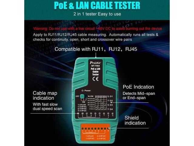 Pro'sKit MT-7064 2 in 1 PoE & LAN Cable Tester for RJ11/RJ12/RJ45 PoE Tester - IEEE 802.3 af/at standard Midspan/Endspan