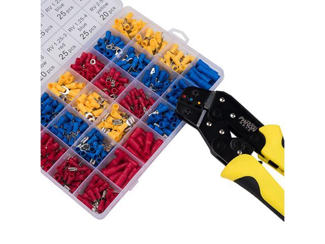 Wire Terminals Crimping Tool Insulated Ratcheting Crimper Kit of AWG22-14 with 500PCS Male and Female Spade Connectors