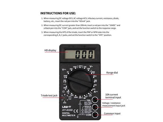 UNI-T DT830D Digital Multimeter CE 1999 Count Electric AC DC Current Voltage Meter Resistance Transistor Dide Ohm Tester
