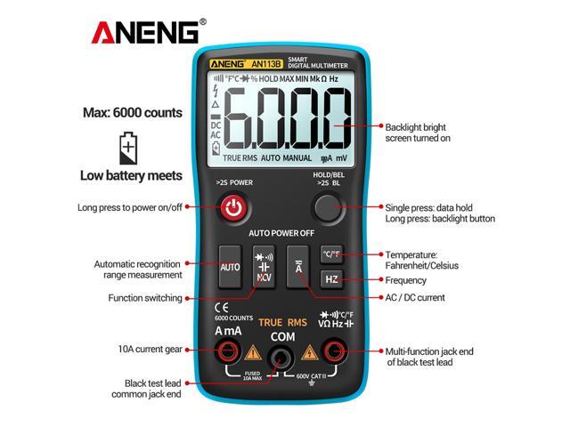 ANENG AN113B Digital Multimeter True RMS with Temperature Tester 6000 Counts Auto-Ranging AC/DC Transistor Voltage Meter - Blue