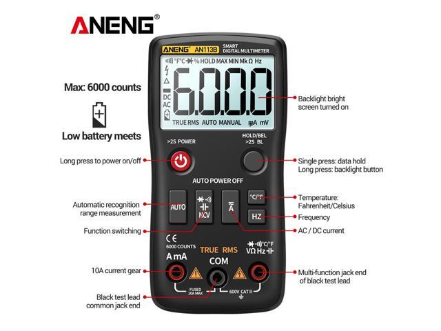 ANENG AN113B Digital Multimeter True RMS with Temperature Tester 6000 Counts Auto-Ranging AC/DC Transistor Voltage Meter - Black