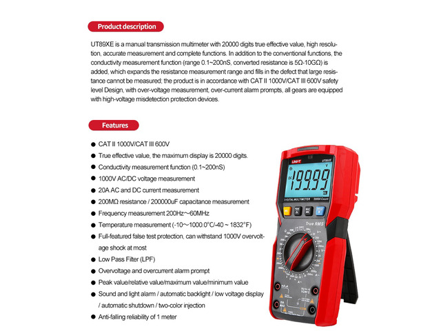 UNI-T UT89XE Digital Multimeter Professional Tester True RMS Manual Range DC AC Voltmeter Ammeter Capacitor Temperature Meter