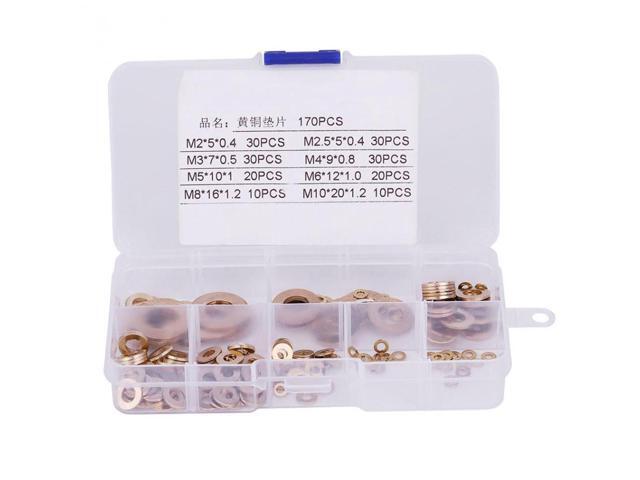 170Pcs/Set Brass Washers Flat Washer with Box Assortment Kit M2/M2.5/M3/M4/M5/M6/M8/M10 washer Kit Fastener Set