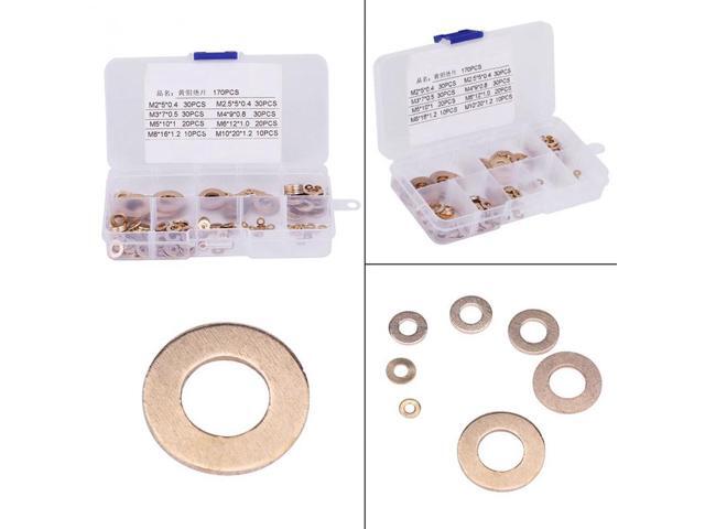 170Pcs/Set Brass Washers Flat Washer with Box Assortment Kit M2/M2.5/M3/M4/M5/M6/M8/M10 washer Kit Fastener Set