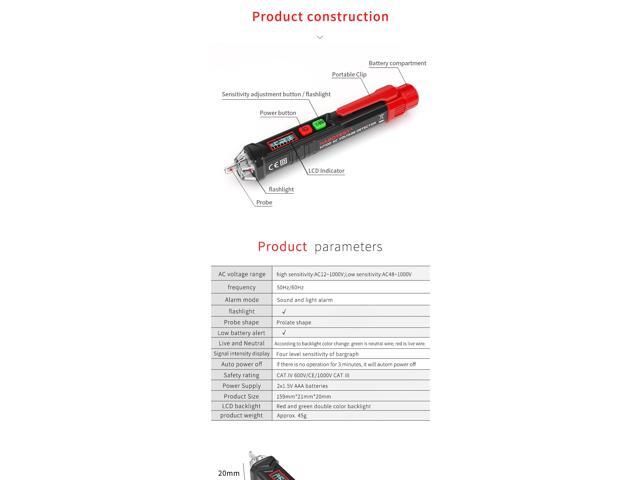 HABO HT-100 Non Contact AC Voltage Detector Pen High Low Sensitivity 50-60Hz AC 12-1000V Style Voltage Tester LCD Alarm Self-Testing Tester