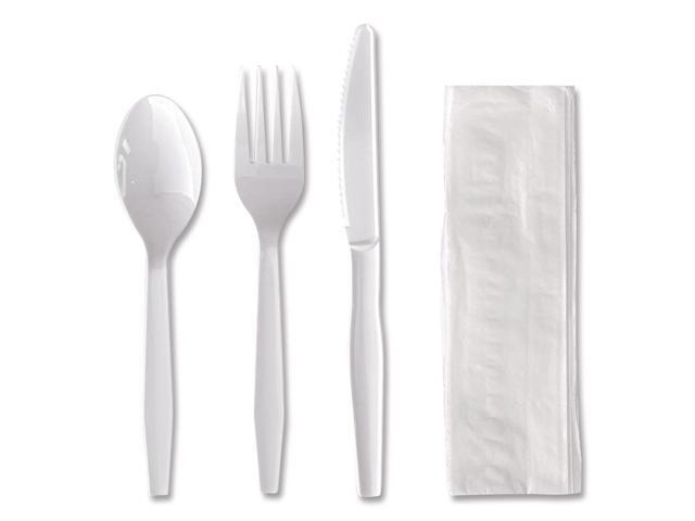 Four-Piece Polystyrene Cutlery Kit Mediumweight Fork/Knife/Napkin/Spoon Plastic White 250/Carton BWK4KITWHPS