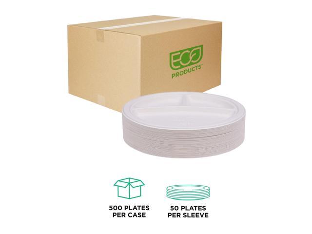Eco-Products Vanguard Renewable/Compostable Plates 3-Comprt 10'Dia White 500/Ctn