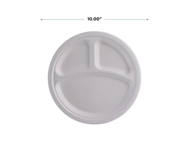 Eco-Products Vanguard Renewable/Compostable Plates 3-Comprt 10'Dia White 500/Ctn