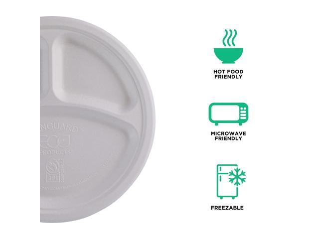 Eco-Products Vanguard Renewable/Compostable Plates 3-Comprt 10'Dia White 500/Ctn