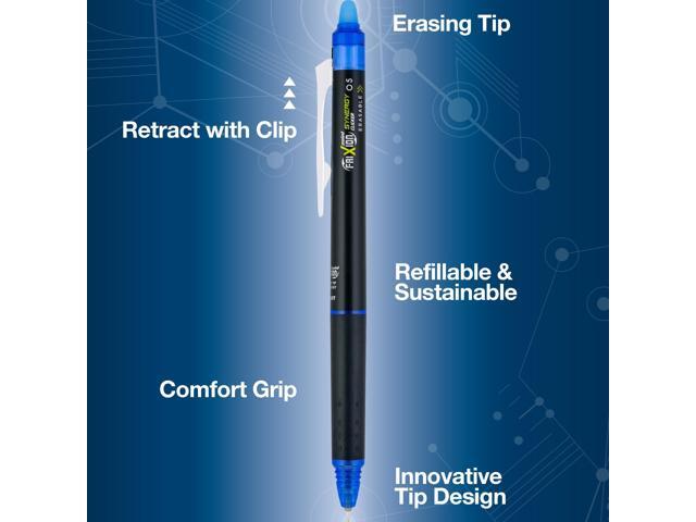 FriXion Synergy Clicker Erasable Gel Pen Retractable Extra-Fine 0.5 mm Blue Ink Black/Blue Barrel Dozen 17369