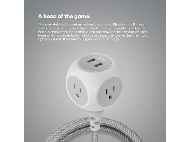 360 Electrical 6ft 3 Outlet Habitat Braided Extension Cord w/ 2 USB, Titanium