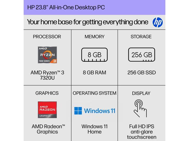 HP 24-cr0420 23.8' Touchscreen AIO Computer R3 7320U 8GB 256GB SSD W11H B88E1AA