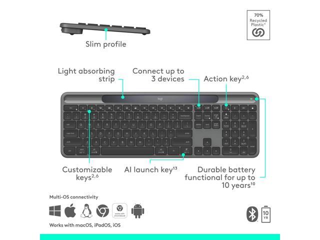 Logitech - Signature Slim Solar+ K980 Wireless Bluetooth Solar and Artificial Light Powered Keyboard with Customizable Keys - Graphite - image 7