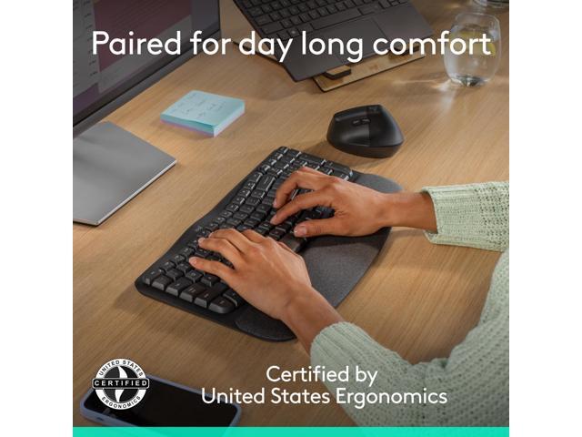 Logitech - Wave Keys and Lift Vertical Mouse Wireless Ergonomic Keyboard and Mouse Bundle with Cushioned Palm Rest - Graphite - image 3