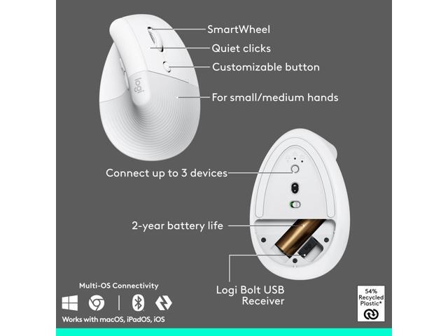 Logitech - Wave Keys and Lift Vertical Mouse Wireless Ergonomic Keyboard and Mouse Bundle with Cushioned Palm Rest - Off-White - image 7